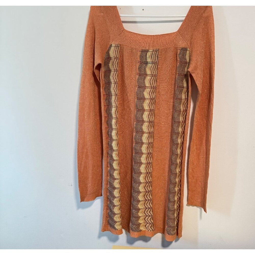 Rampage Y2K Long Sleeve Knit Mini Sweater Dress Copper Shimmer 70s Retro Medium